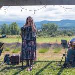 Sequim Gazette photo by Emily Matthiessen / Jazz singer Jean Lenke, with Mick Nicholsen on bass and Steve Kirk on guitar, performs at Rain Shadow Lavender during Lavender Weekend 2023. Lenke is producer of the upcoming Tret Fure concert which will take place at Rain Shadow on July 30 at 2 p.m.