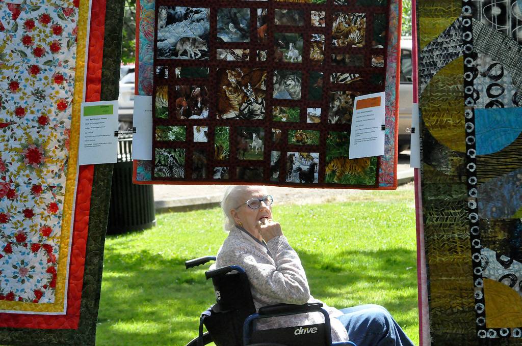 Sequim Gazette photo by Matthew Nash
Colleen Harris of Sequim looks at quilts for the first time at the Sunbonnet Sue Quilt Clubs annual show in Pioneer Memorial Park. Harris said she doesnt quilt but admires those who can do it.
