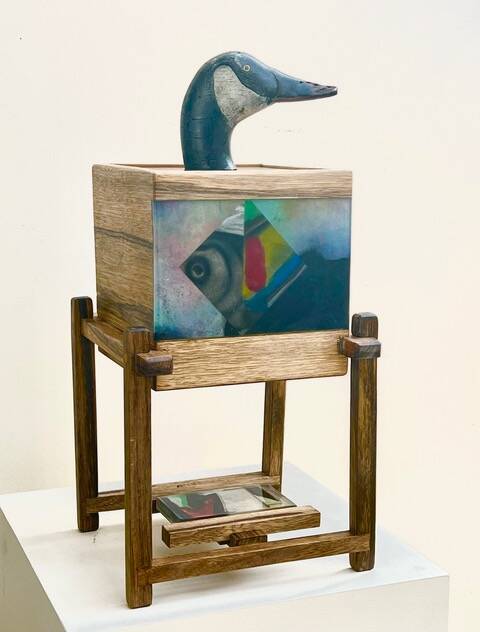 Photo by Pat McCollum / Visitor, by mixed media artist Mike McCollum, is one of the pieces exhibited and for sale at Dandelion Botanical Company, 4681 Sequim-Dungeness Way, until the end of August.