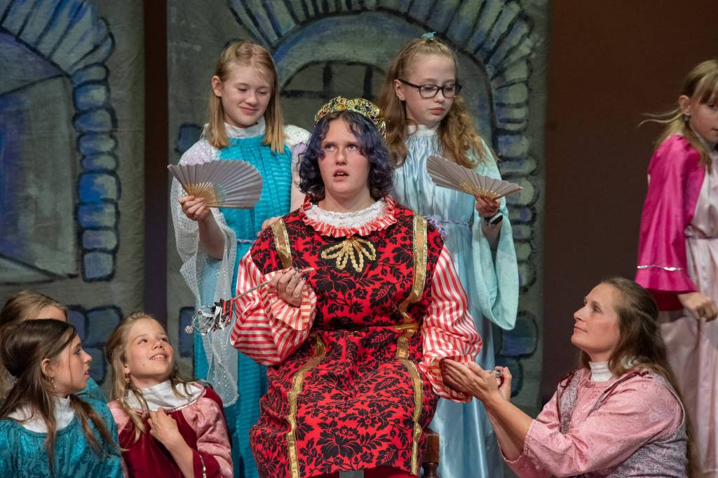 Photo by Emily Matthiessen
Prince John, center, played by Ivana Miller, is pampered by his fawning ladies, from left to right: Sequoia Mitchell, Sasha Larson, Madison Bell, Trinity Devlin, Christina Parker and Rain Nelson in OTAs upcoming production of The Somewhat True Tale of Robin Hood.