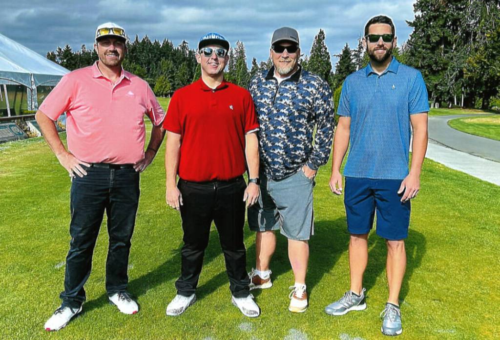 Photo courtesy of Mary Jane Duncan
The winning team at the 2023 Bob Cup golf tourney are, from left, Grant Smithson, Chris Burris, Dustin Halverson and Jake Tjernell. The tournament, held July 29 at The Cedars at Dungeness, raised funds for the Clallam County Orcas team, whose members compete in Special Olympics events.