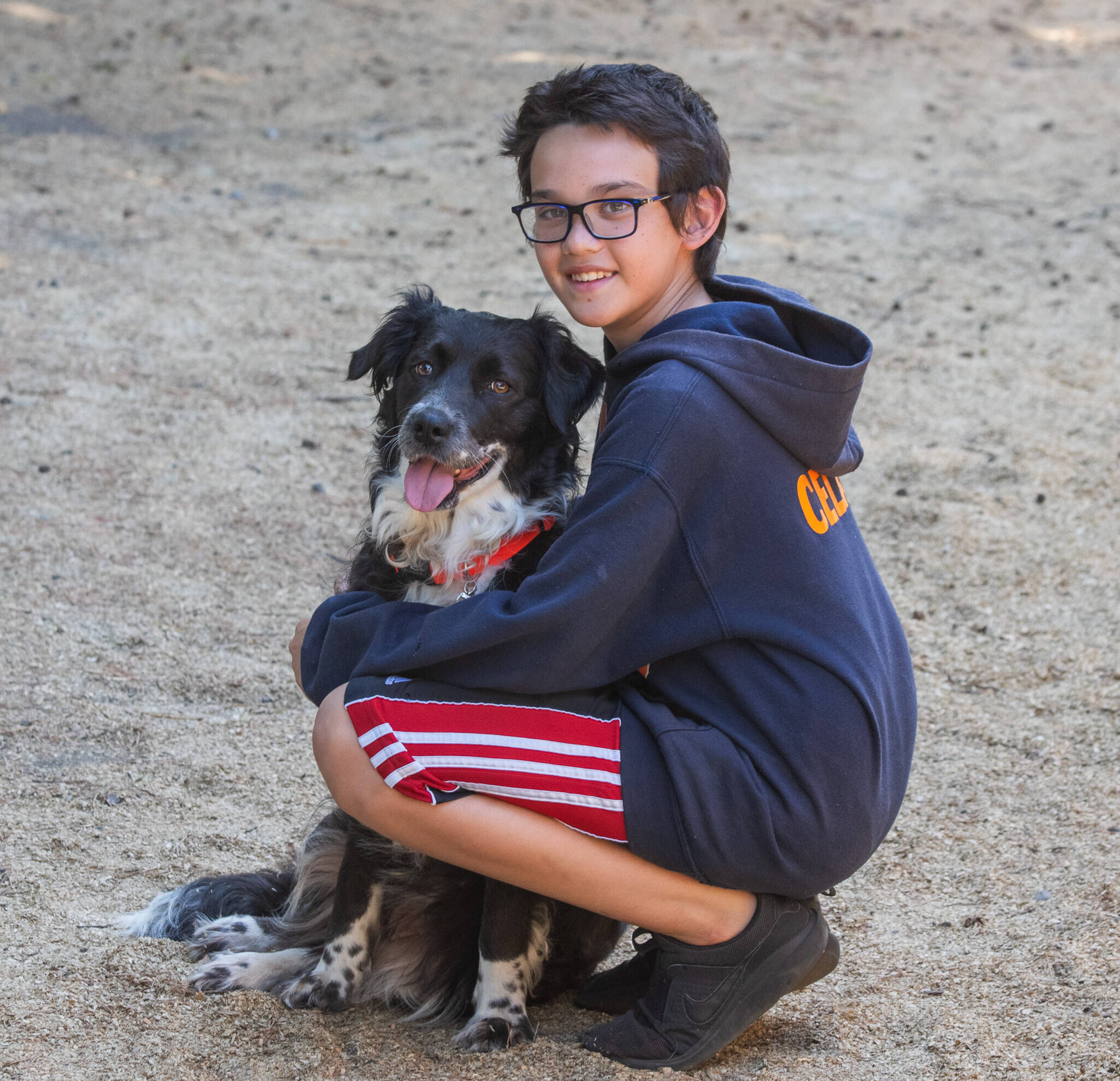 Sequim Gazette photo by Emily Matthiessen
Eli Celaya, 12, of Forks, visits with Tess at the Welfare for Animals Guild (WAG) open house on Saturday. Approximately three-years-old, border collie mix Tess, rescued from a field about a month ago, is one of 34 dogs currently cared for by WAG. They were receiving applications at the event, which had a strong turnout, in the hopes of finding forever homes for current residents and fosters and making room for more of the many dogs that need help. Celaya, who has rescue puppies at home, and whose family is involved with the Friends of Forks Animals, says that Tess loves kids and is gentle and sweet. She can get comfortable around anybody if they are calm.