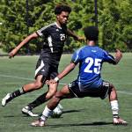 Photos by Rick Ross/Peninsula College
Peninsula Colleges Taffel McCootie, left, a sophomore defender from London, looks to get past a University of Victoria defender in an Aug. 11 scrimmage in Victoria, B.C.