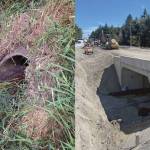 Photos courtesy WSDOT/ State crews removed and installed a new culvert to improve fish passage under U.S. Highway 101 at Eagle Creek between Blyn and Gardiner, pictured here in before (left) and after photos.