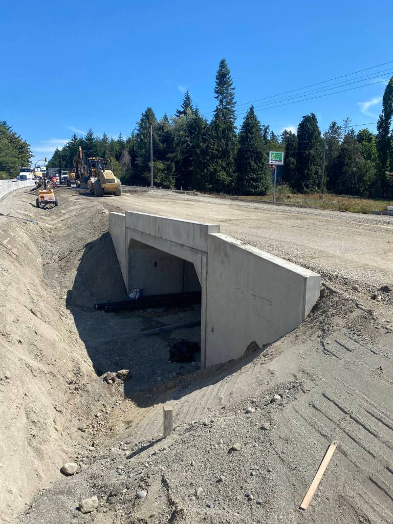 Photo courtesy WSDOT/ Construction crews worked around-the-clock to remove an old culvert and install a new box culvert under U.S. Highway 101 at Eagle Creek between Aug. 13-18.