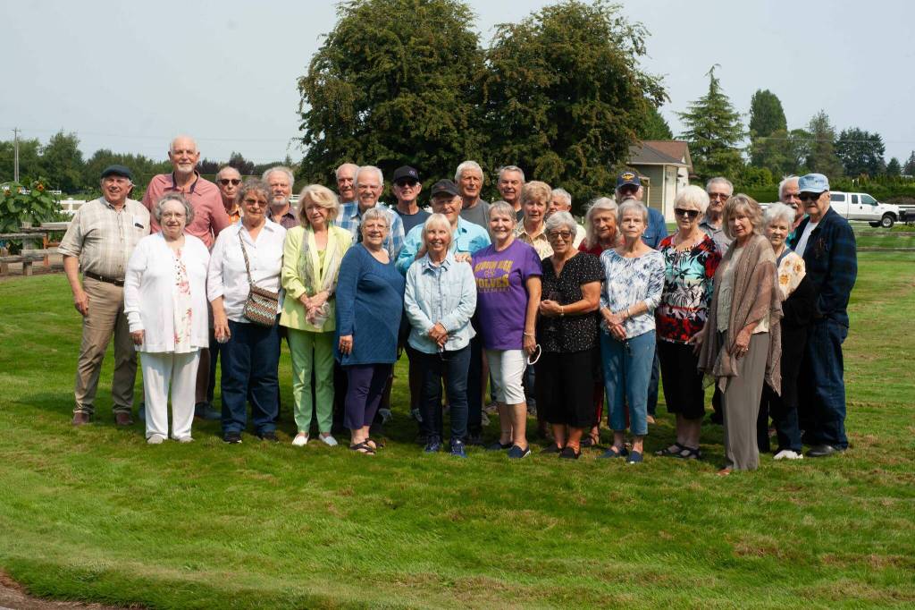 Photo courtesy of Janey Funston/Sequim High School Class of 1963
Sequim Highs Class of 1963 reunion attendees include, from left, Bill Cameron, Len Beil, Elna Hamilton McMasters, Randy Priest, Lance Smith, Donna Petroff Grall, Marilyn Purcell Rinehart, John Carlson, Ron Pease, Minnie Allan Dixon, Bill Alton, Dennis Funston, Janey Olsen Funston, Eric Hendrickson, Penni Schindler Maples, Jim Hope, Judy Sherk Bromell, Gleynda Matriotti Brownfield, Lila Roup Petroff, Mike Pease, Suzie Bilow Oscarson, Bonnie Wilber Eisenbeize, Jerry Brownfield, Marilyn Holmberg Gates, Jerri Gowdy, Jim Easterly and Bill Gowdy.