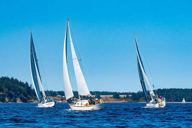 Photo by Fran Reisner Thompson / From left, Denali (skippered by Bob BacCauley), Pinafore (skippered by Bernie Armstrong) and Sirius (skippered by Durkee Richards) compete in the Reach and Row for Hospice on Sequim Bay in 2022.