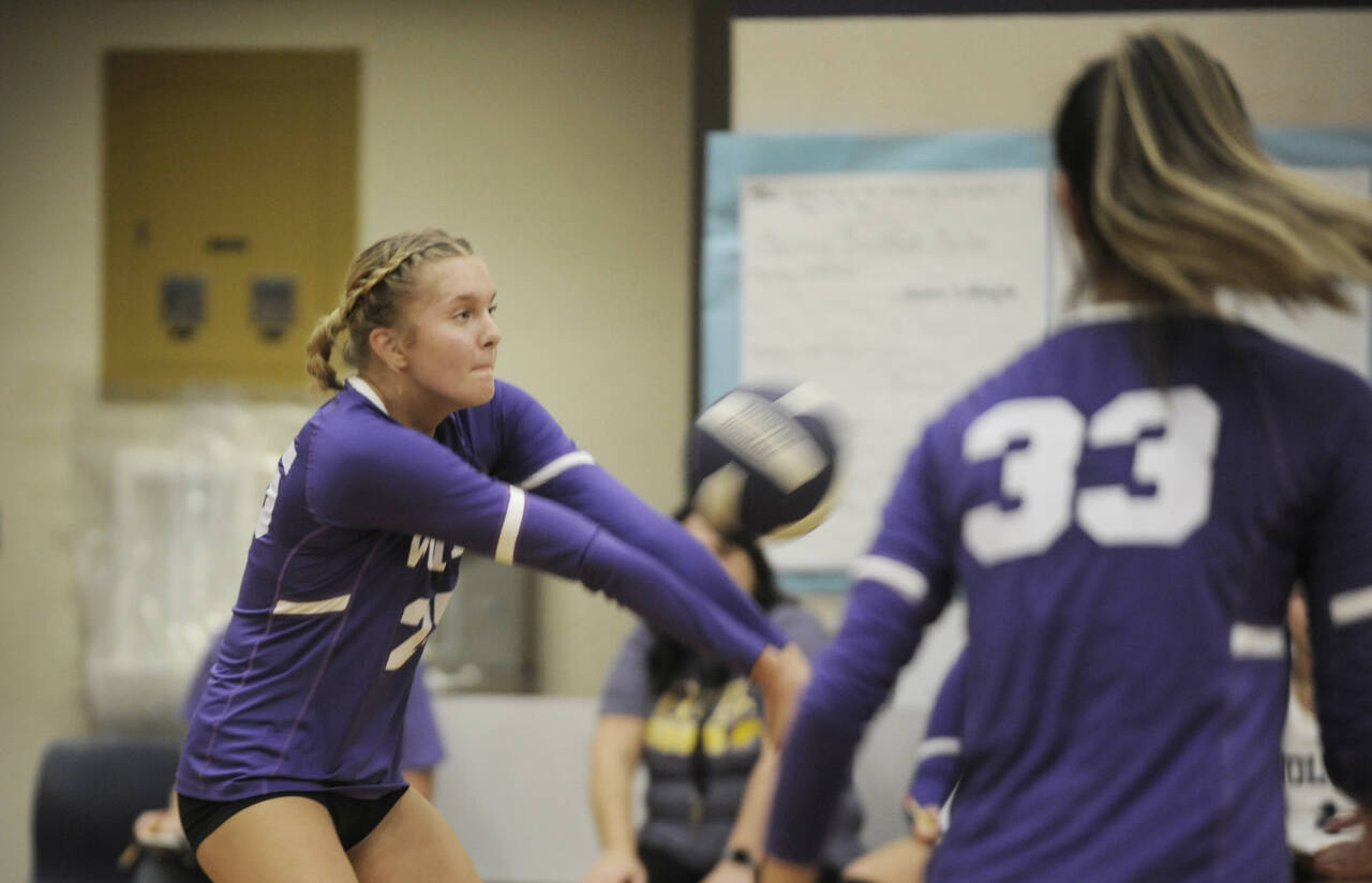 Sequim Gazette photo by Michael Dashiell / Sequim High senior Jolene Vaara looks to pass to a teammate in the Wolves season-opener at home against North Mason on Sept. 12. The all-Olympic League first-teamer is one of just a few upperclassmen on this years varsity squad.