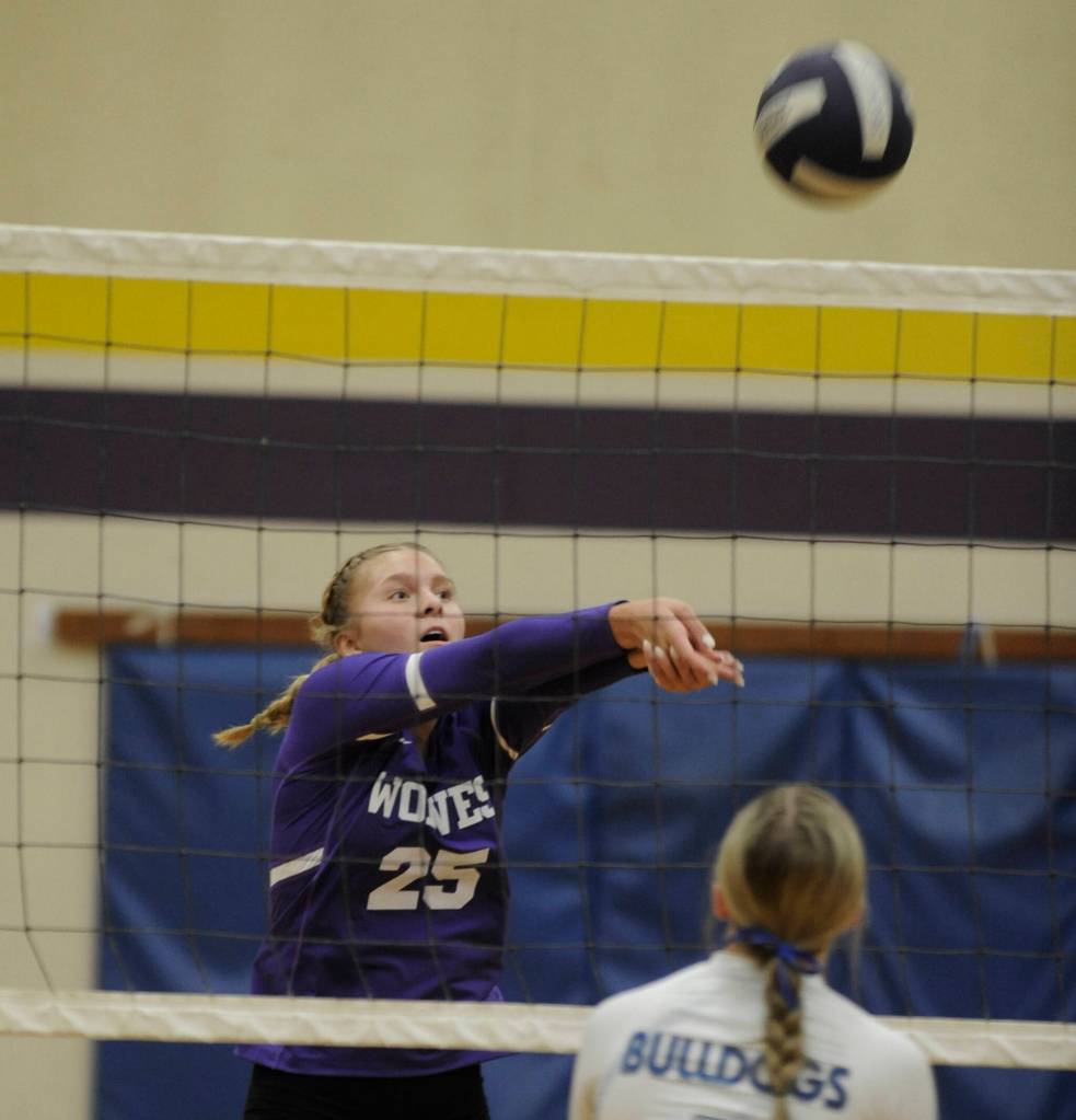 Sequim Gazette photo by Michael Dashiell / Sequim High senior Jolene Vaara looks to pass to a teammate in the Wolves season-opener at home against North Mason on Sept. 12. The all-Olympic League first-teamer is one of just a few upperclassmen on this years varsity squad.