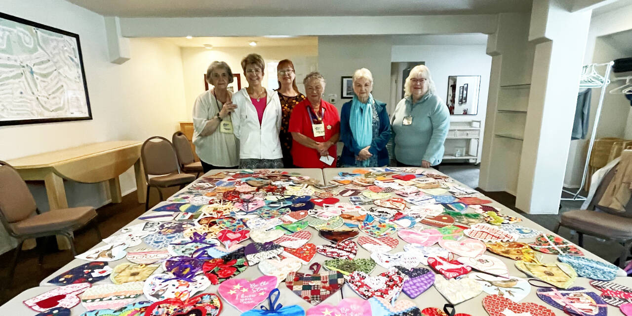 Photo courtesy of Fiber Art Neighborhood Guild of Sequim
At left: Members of the Fiber Art Neighborhood Guild of Sequim display some of their handiwork, to be found at medical facilities in the area. Pictured, from left, are Donnie Underwood, Monica Dixon, Celeste Staton, Colleen Squier, Amanda Beitzel and Donna Wade.