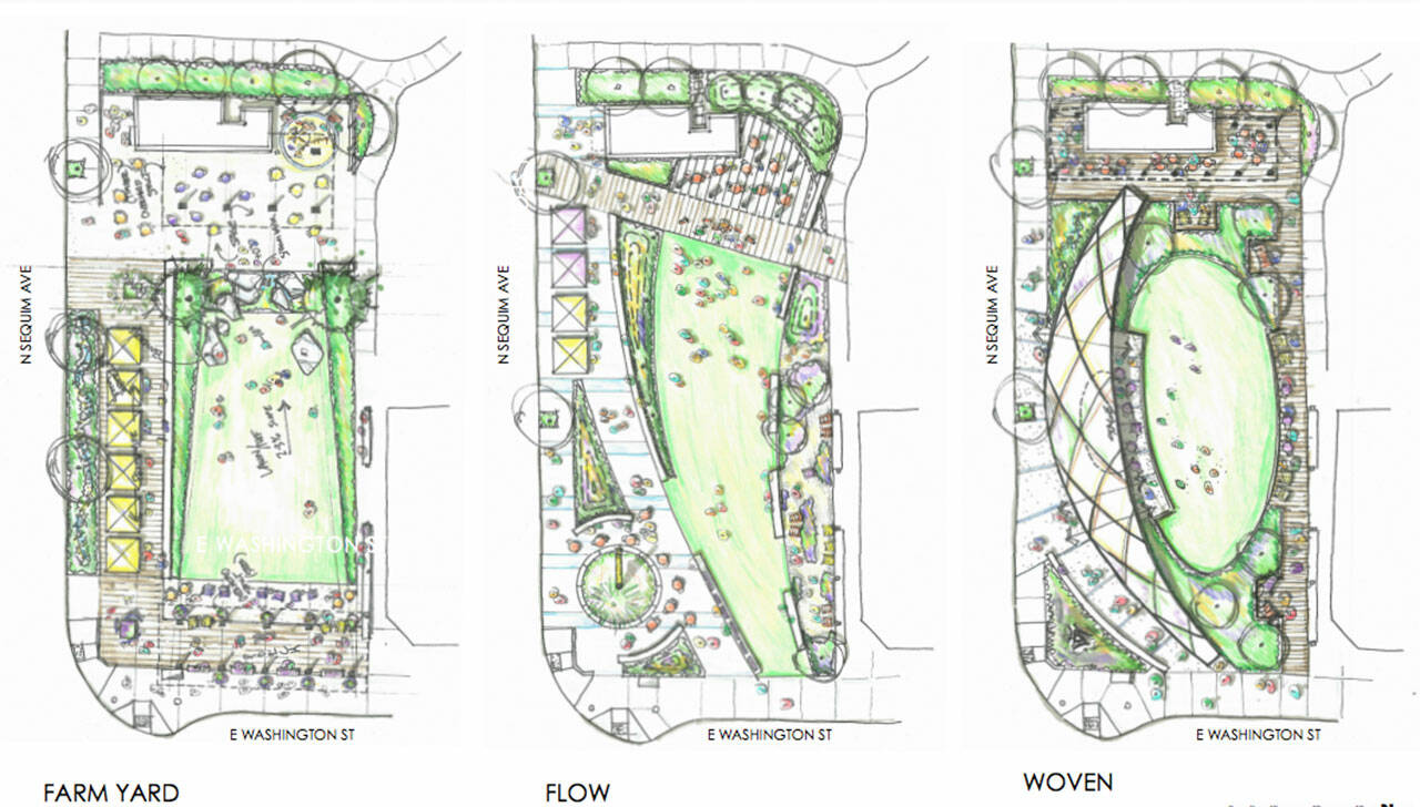 Image courtesy City of Sequim
Three concept designs by JETT Landscape Architecture and Design are named Farmyard, Flow, and Woven for their different approaches to redesign Centennial Place at the northeast intersection of Sequim Avenue and Washington Street.
