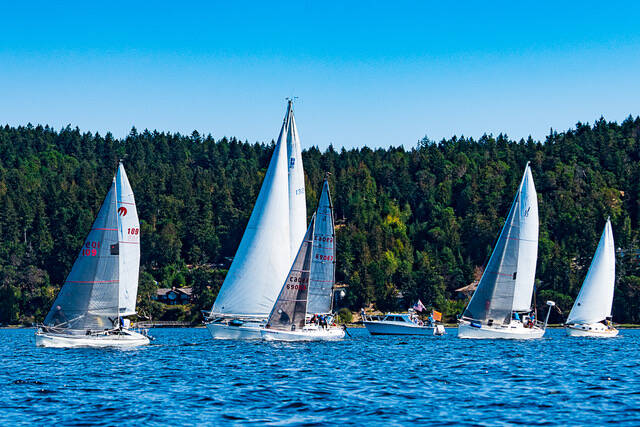 Photo by Fran Reisner Thompson
From left, sailboats Imua (skipper Alan Clark), Denali (skipper Bob MacCauley), Gizmo (skipper John Thompson), race committee boat (skipper Jerry Fine), Sirius (skipper Durkee Richards) and Pinafore (skipper Bernie Armstrong) compete in the Reach and Row for Hospice on Sequim Bay in 2022.