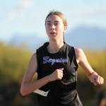 Sequim Gazette photo by Michael Dashiell / Sequims Lilly Despain races in an Olympic League cross country meet in Sequim on Sept. 20.