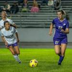 Sequim Gazette photo by Emily Matthiessen / Sequims Kaia Lestage, right, advances the ball in an Olympic League showdown with North Kitsap on Sept. 21.
