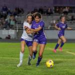 Sequims Amara Gonzalez, right, keeps the ball away from North Kitsaps Olivia Cary in an Olympic League showdown with North Kitsap on Sept. 21.