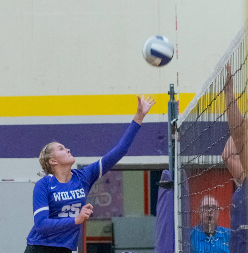 Sequim Gazette photo by Emily Matthiessen / Sequims Jolene Vaara tips a shot past North Kitsap blockers in a Sept. 21 home league match.
