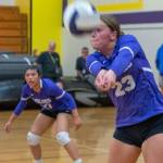 Sequim Gazette photos by Emily Matthiessen
With teammate Kassi Montero, left, looking on, Sequims Kenzi Berglund passes the ball in an Olympic League match against North Kitsap on Sept. 21.