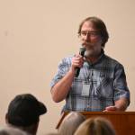 Sequim Gazette photo by Michael Dashiell
Joe Donisi, an engineer with the Clallam County Road Department, gives details on the four options of the lower Dungeness levee at a Sept. 26 public meeting in Sequim.