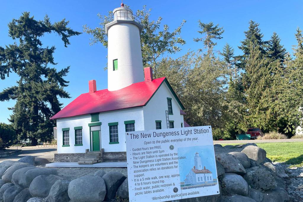 Sequim Gazette photo by Matthew Nash/ Soon, the New Dungeness Light Station replica at the Sequim-Dungeness Valley Chamber of Commerce will feature a light thanks to neighbor Chuck French working 100-plus hours to repair the structure.
