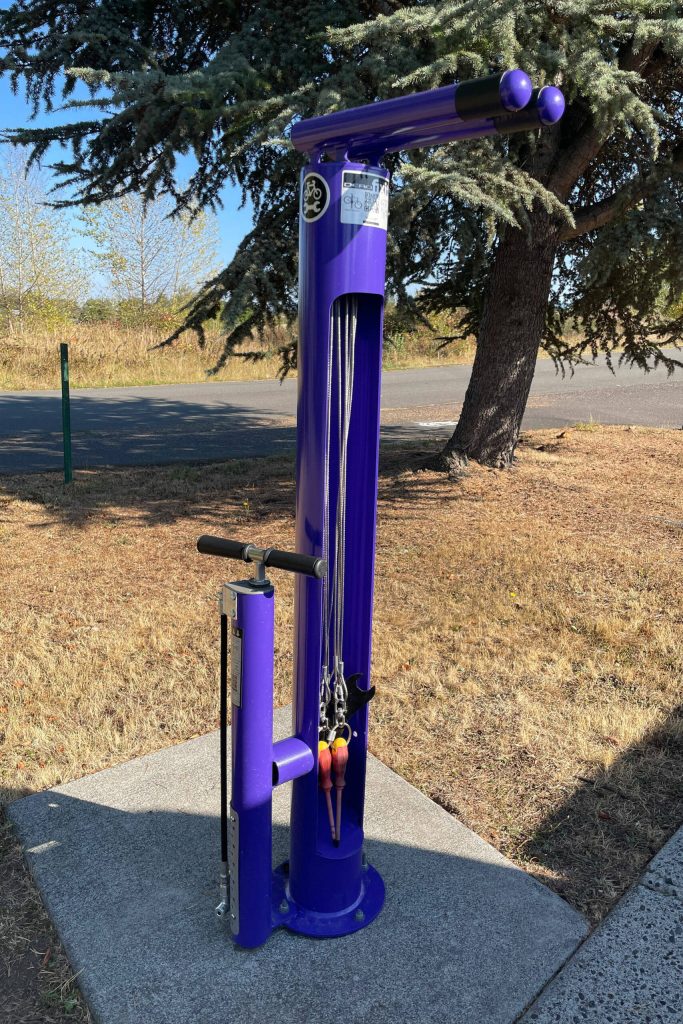 Sequim Gazette photo by Matthew Nash
In recent months, the Sequim-Dungeness Valley Chamber of Commerce received fresh paint, new gutters, a new purple bike repair station, and more at its building.