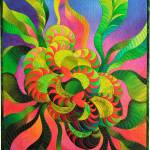 Artwork courtesy of Cary Bryer Fallert-Gentry / Garden Party 3 by Cary Bryer Fallert-Gentry, a participant in the Spinning Sewn Stories – Promulgate, Piece, & Ply exhibit hosted by the North Olympic Fiber Arts Festival.