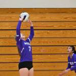 Sequim Gazette photo by Michael Dashiell / Sequims Sydney Clark, left, sets teammate Kassi Montero in an Oct. 3 win over Kingston.