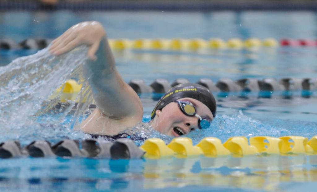 Sequim Gazette photo by Michael Dashiell / Sequims Natalie Cross races to a first place finish in the 500 free against Port Angeles on Oct. 5. Cross finished in 6:23.06.