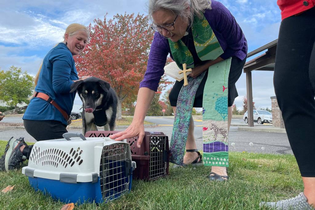 Julie Lawrence, on left, with Madison the dog, watches Pastor Desi Larson bless her cats at Trinity United Methodist Churchs Blessing of the Animals ceremony.