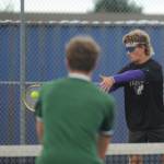 Sequim Gazette photo by Michael Dashiell / Sequims Hunter Tennell, right and doubles partner Sebastian Buhrer take on Port Angeles Tate Alton and Luke Floodstrom in an Oct. 11 league match in Sequim.