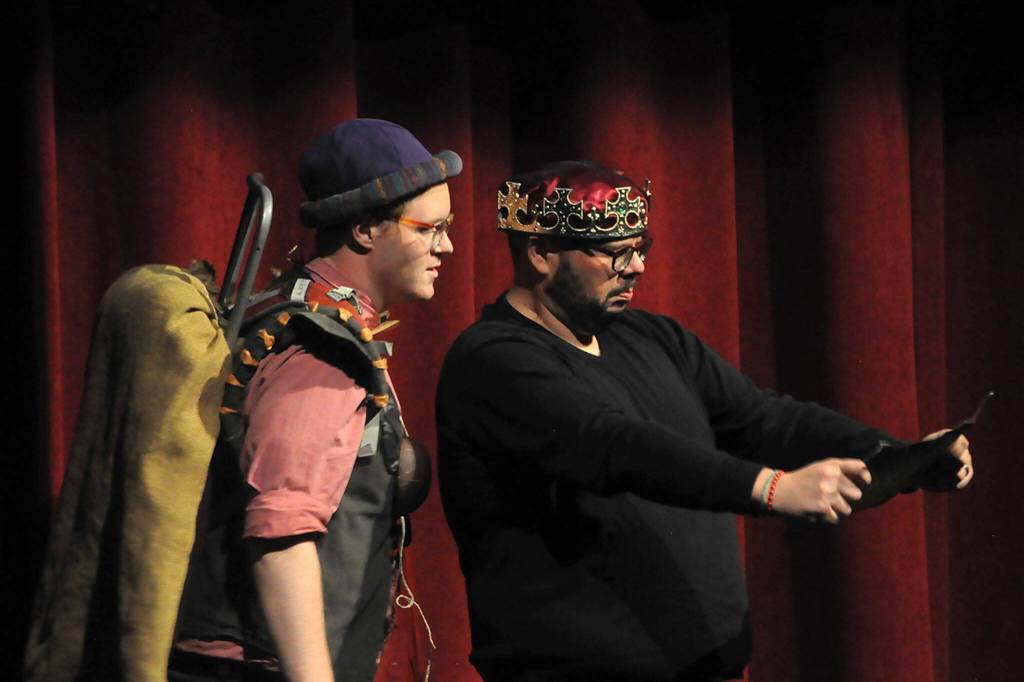 Sequim Gazette photo by Matthew Nash/ Kyle LeMaire, playing King Arthur, on right, sings Im All Alone with help from Morgan Bartholick, as Patsy the squire, during the Oct. 8 preview for Olympic Theatre Arts 2024 season.