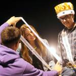 Sequim Gazette photos by Michael Dashiell
Sequim High Schools Homecoming Queen and King, Taryn Johnson and Sage Younger, are crowned at halftime of the SHS Wolves football game against North Mason on Oct. 13, with some help from teacher Sean OMera.