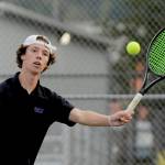 Sequim Gazette photo by Michael Dashiell / Garrett Little competes against Port Angeles on Oct. 11. Little went 4-0 at the Olympic League boys tennis championship to win the league title.