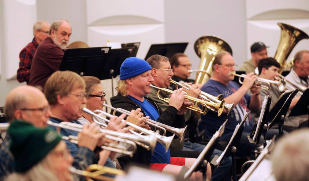 Sequim Gazette photos by Michael Dashiell
The trumpet section of the Sequim City band rehearse a number in late October for Haunted Harmonies, the bands first indoor concert of the 2023-24 indoor series.