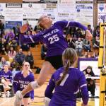 Sequim Gazette photo by Michael Dashiell
Sequims Jolene Vaara rises up for a big spike in a three-set sweep of Bremerton on Oct. 24.