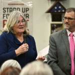 Sequim Community Aids Sharon Ryan accepts an Albert Haller Foundation grant award from Marty Brewer, Port Angeles School District superintendent, at a special ceremony on Oct. 24 in Sequim.