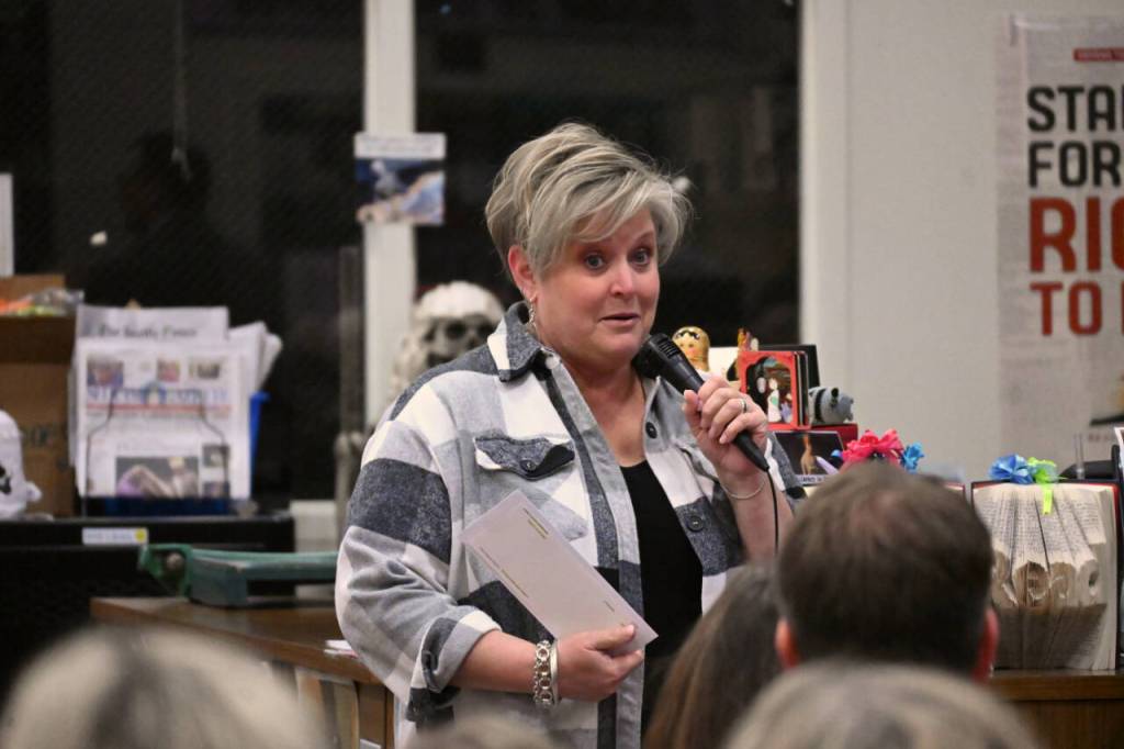 Sequim Gazette photo by Michael Dashiell / Andra Smith, executive director for the Sequim Food Bank, thanks Albert Haller Foundation representatives for a grant award at an Oct. 24 ceremony in Sequim.