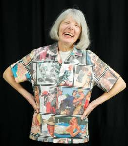 Photo courtesy of Peninsula Fiber Artists / Faces of the 40s is a shirt created by Sequims Linda Carlson using digitally-printed fabric she designed with scans of illustrations from 1940s issues of the Saturday Evening Post, Colliers and other magazines.