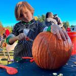 Sequim Gazette photos by Matthew Nash
Jack Barnhart carves a pumpkin courtesy Sunny Farms at the Sequim Prairie Granges Fall Festival on Oct. 28. Barnhart dressed as Jack Skellington to do a joint costume with a friend who wanted to dress as Sally from The Nightmare before Christmas, his grandmother said.