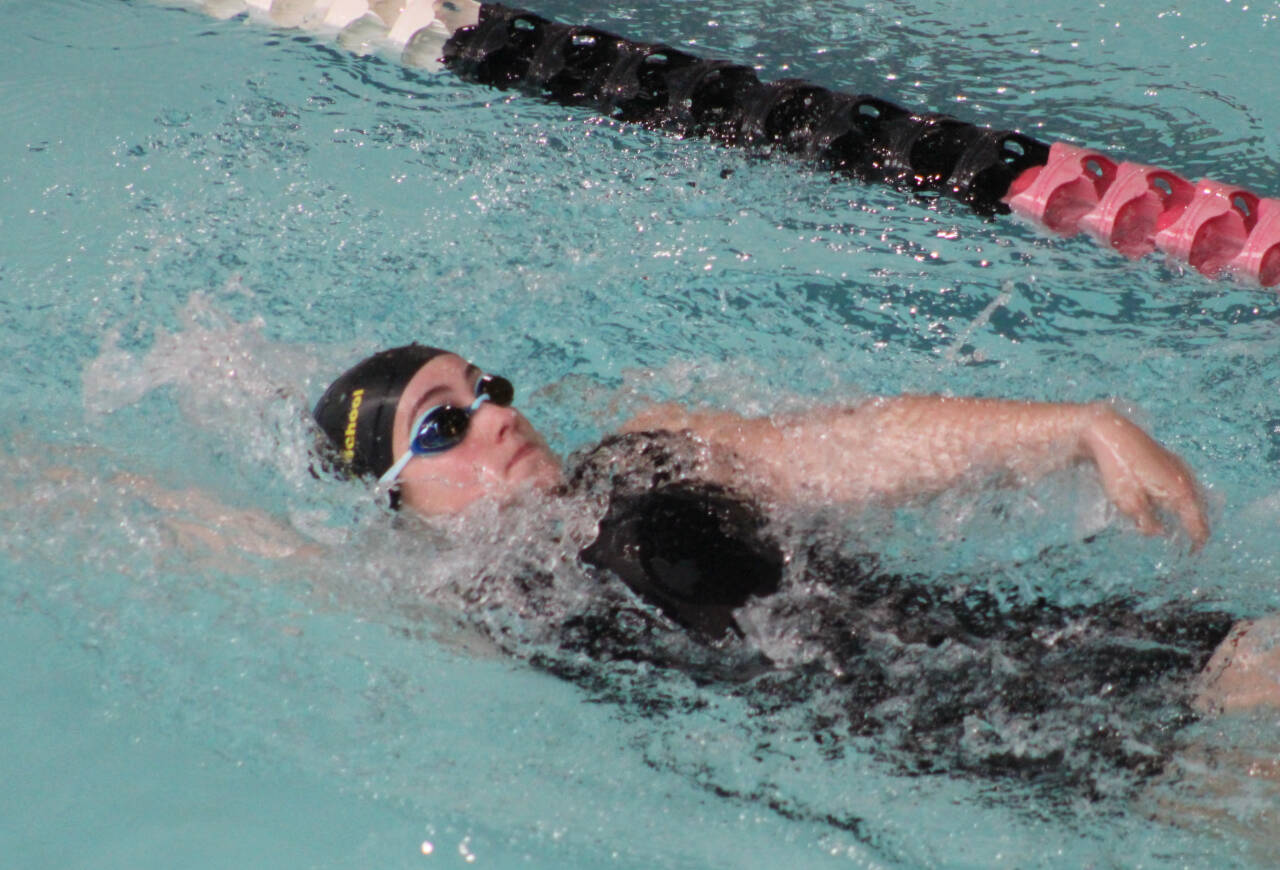 Sequims Ava Shinkle competes at the West Central District 3 meet on Nov. 4. Shinkle placed third in the 200 individual medley and fourth in the 100 butterfly.