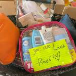 Sequim Gazette photo by Matthew Nash/ River Jensen and her mom Anna Larsen have made more chic toiletry bags this year to hand out when they see people they encounter in their day-to-day routines.