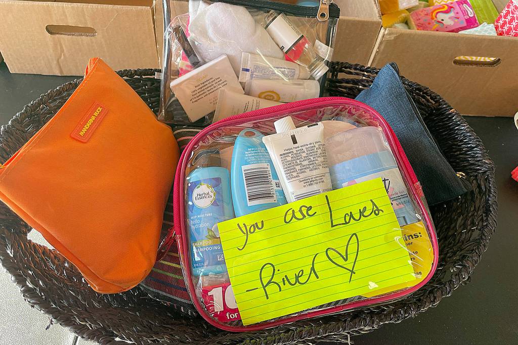 Sequim Gazette photo by Matthew Nash/ River Jensen and her mom Anna Larsen have made more chic toiletry bags this year to hand out when they see people they encounter in their day-to-day routines.