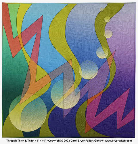 Artwork courtesy of Peninsula Fiber Artists / Through Thick and Thin is an art quilt created by Port Townsend artist Caryl Bryer Fallert-Gentry using digital design software, paint, digital printing and machine quilting.