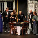 Sequim Gazette photos by Michael Dashiell
William Gillette (portrayed by Joel Hoffman, fourth from left) finds a note that reveals that a stage doorman where he and fellow thespians work has just been murdered  suggesting the killer is most likely one of the guests hes hosting. Looking on are, from left, Madge Geisel (Cheryl Tamblyn), Felix Geisel (Steve Rodeman), Aggie Wheeler (Merrin Packer), Simon Bright (Stephan Willms) and Martha Gillette (Cheryl DiPietro).