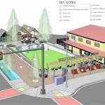 Image courtesy City of Sequim/ Farm Yard offers a porch scene along Washington Street with a Welcome to Sequim sign above swing seats.