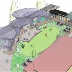 Image courtesy City of Sequim/ Woven shows a stage area surrounded by large sculptures that consultants said could be seen as fungi or waves.