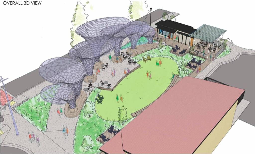 Image courtesy City of Sequim/ Woven shows a stage area surrounded by large sculptures that consultants said could be seen as fungi or waves.