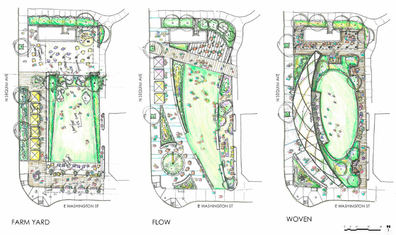 Image courtesy City of Sequim
In the next month, City of Sequim staff plan to hold a community meeting and provide a survey about possible design options for Centennial Place, the northeast corner of Sequim Avenue and Washington Street.