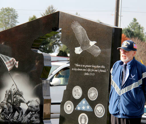 Photo by Christi Baron/Olympic Peninsula News Group
Pastor George Williams with the Forks Bible Church offers a short message and prayer to about 60 veterans and community members gathered at the Gold Star Families Memorial Monument on Nov. 11 in Forks.
