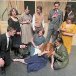 Sequim Gazette photos by Matthew Nash
Evan Andersons Hercule Poirot, front left, seeks answers about a murder from Anne Marie Barnis Mary Debenham and other suspects in Agatha Christies Murder on the Orient Express. Sequim Highs Operetta Club presents the show, which includes a rotating train car set built by Jeremy Pederson.