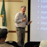 Sequim Gazette photo by Matthew Nash/ Bruce Emery, Clallam Countys director of Community Development, chats with about 30 local farmers on Nov. 7 to seek input on updating the countys code in order to better help farms come into compliance. This is going to be cooperative, constructive, and its not going to be punitive, he said.